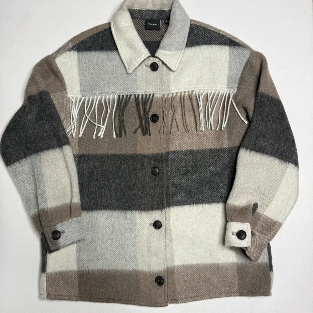 Vero Moda Fringe Striped Plaid Shacket Overcoat Oversized - Picture 4 of 6